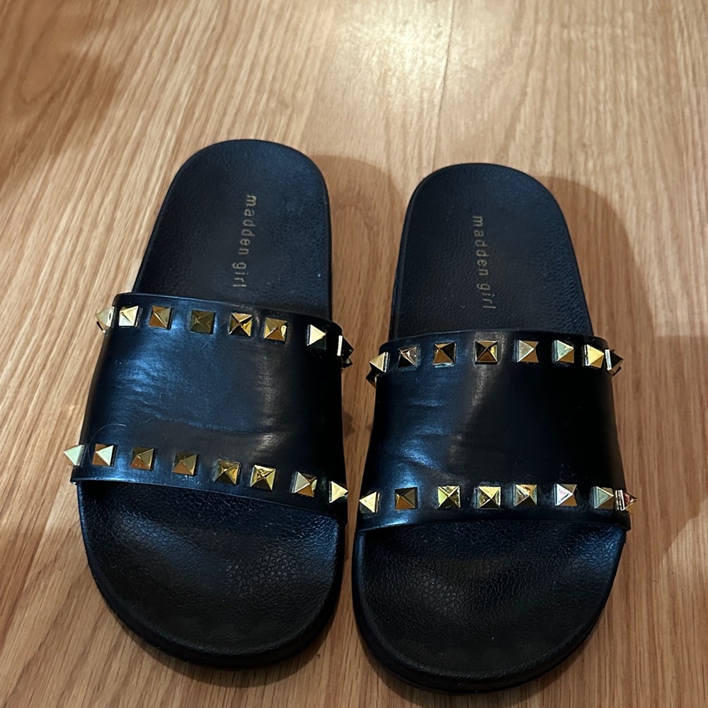 Madden Girl Black Sandals with Gold Accents